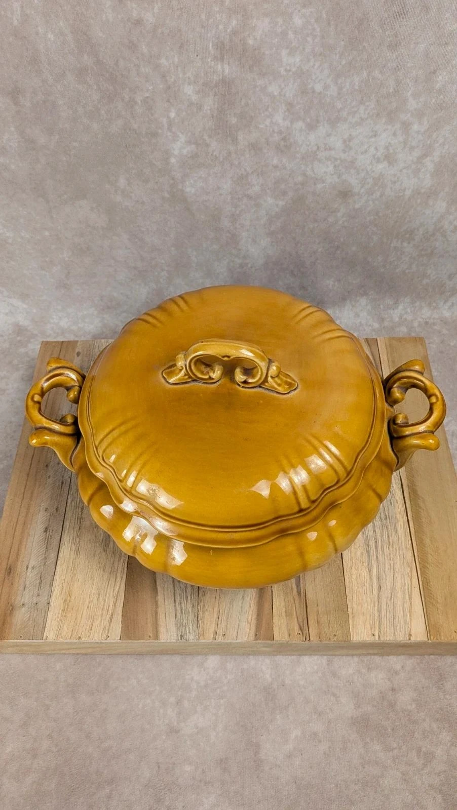 Sopeira vintage de cerâmica esmaltada amarelo mostarda com tampa – photo 3